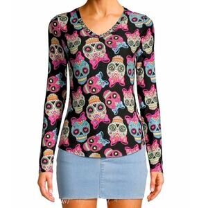 NWOT ~ NOBO Sugar Skulls V-Neck Long Sleeve Pullover Top ~ Plus Size XXXL ( 21 )